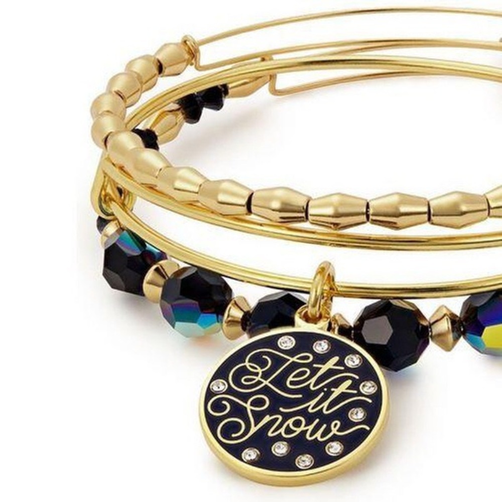 Alex + Ani ❄️ LET IT SNOW set of 3 Bangle Bracelets - Gold Black